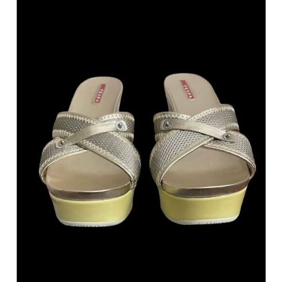 Prada Metallic Gold Leather Mesh Open Toe Slip-on Wedge Sandals - Picture 3 of 9